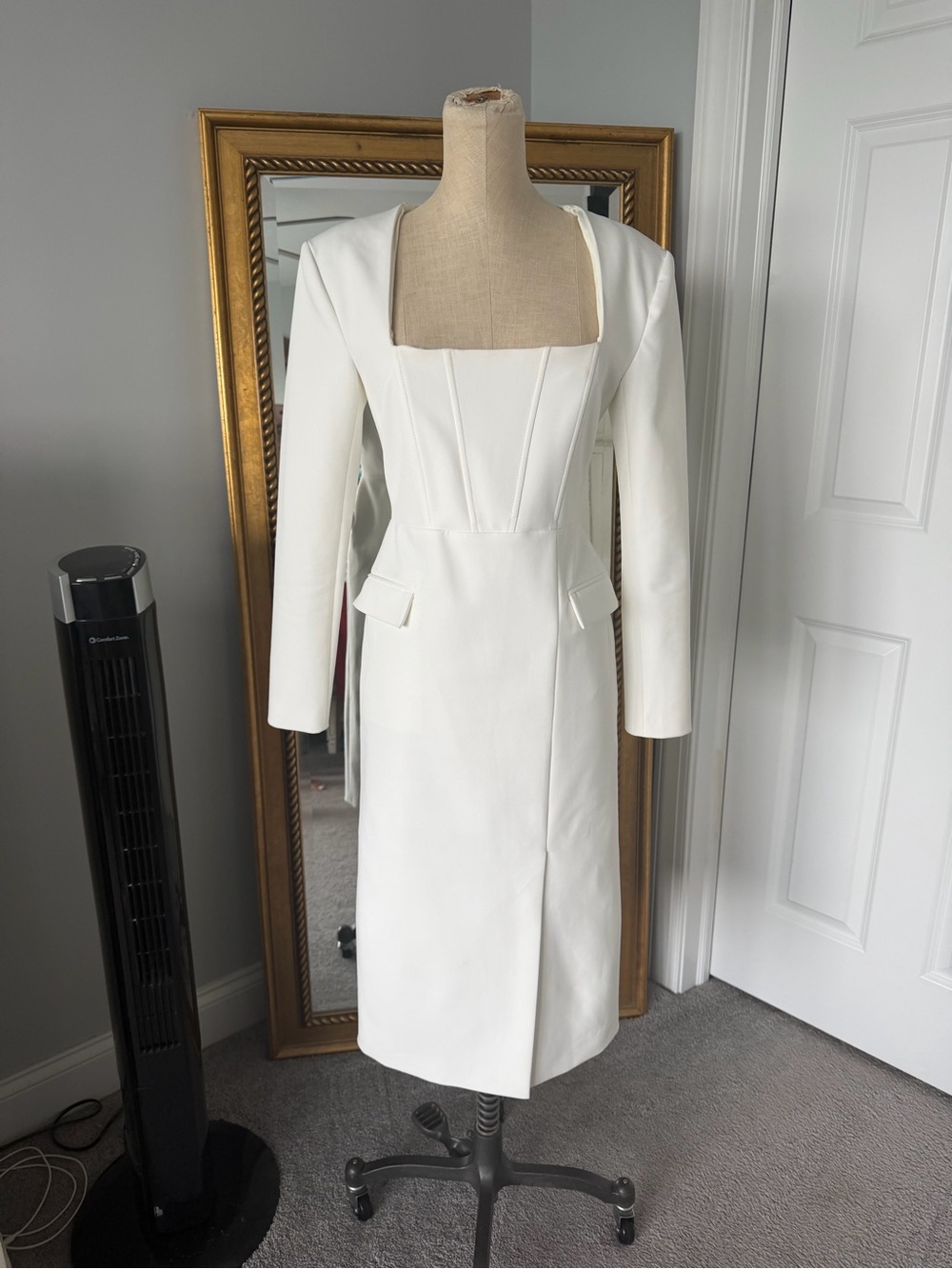 Lavish Alice White Long-Sleeve Square Neck Midi Dress